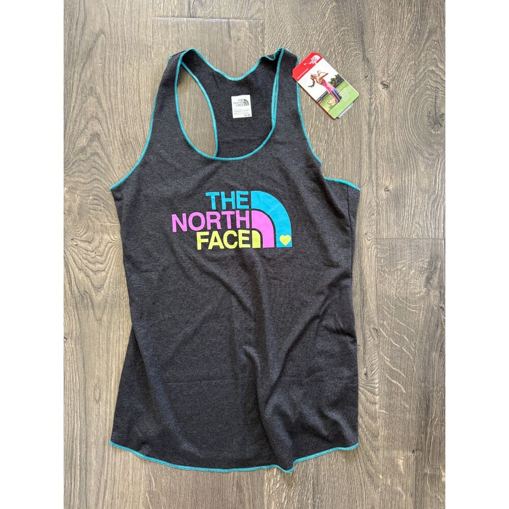 NEW The North Face TNF Play Hard Graphic Pink Blue Racerback Grey Heather Tank M